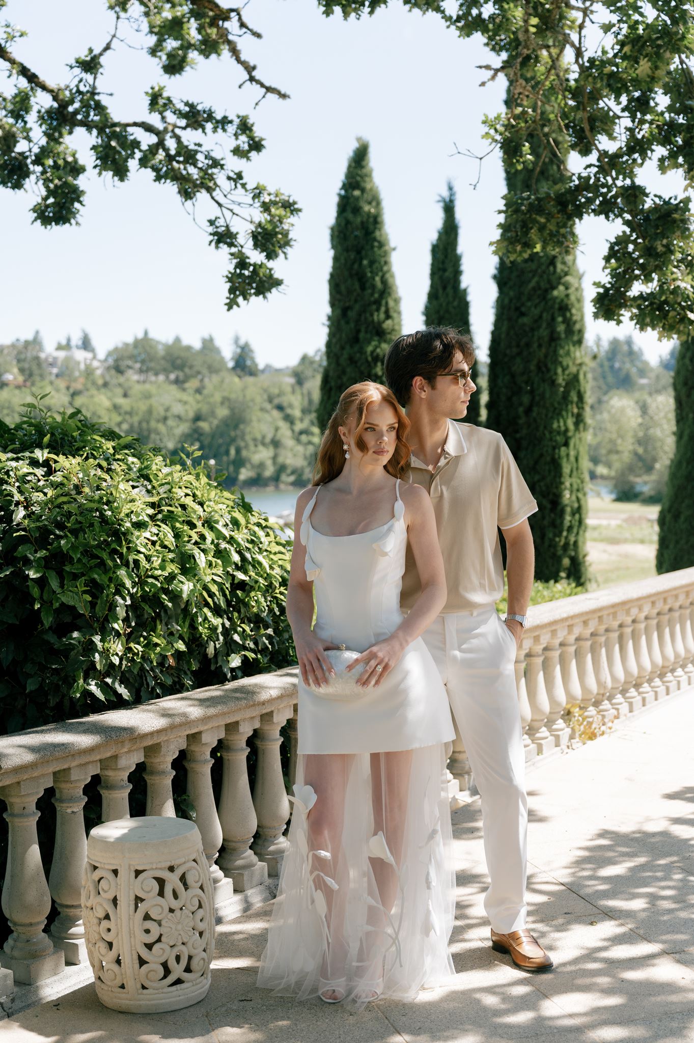 Couples wedding portrait overlooking the Willamette River