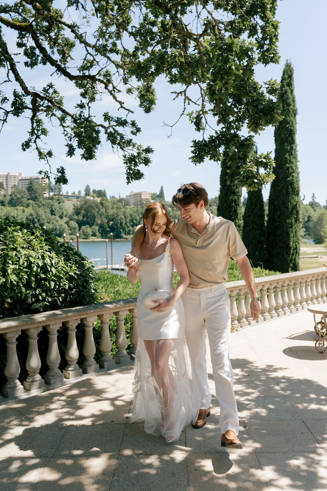 Couples wedding portrait overlooking the Willamette River