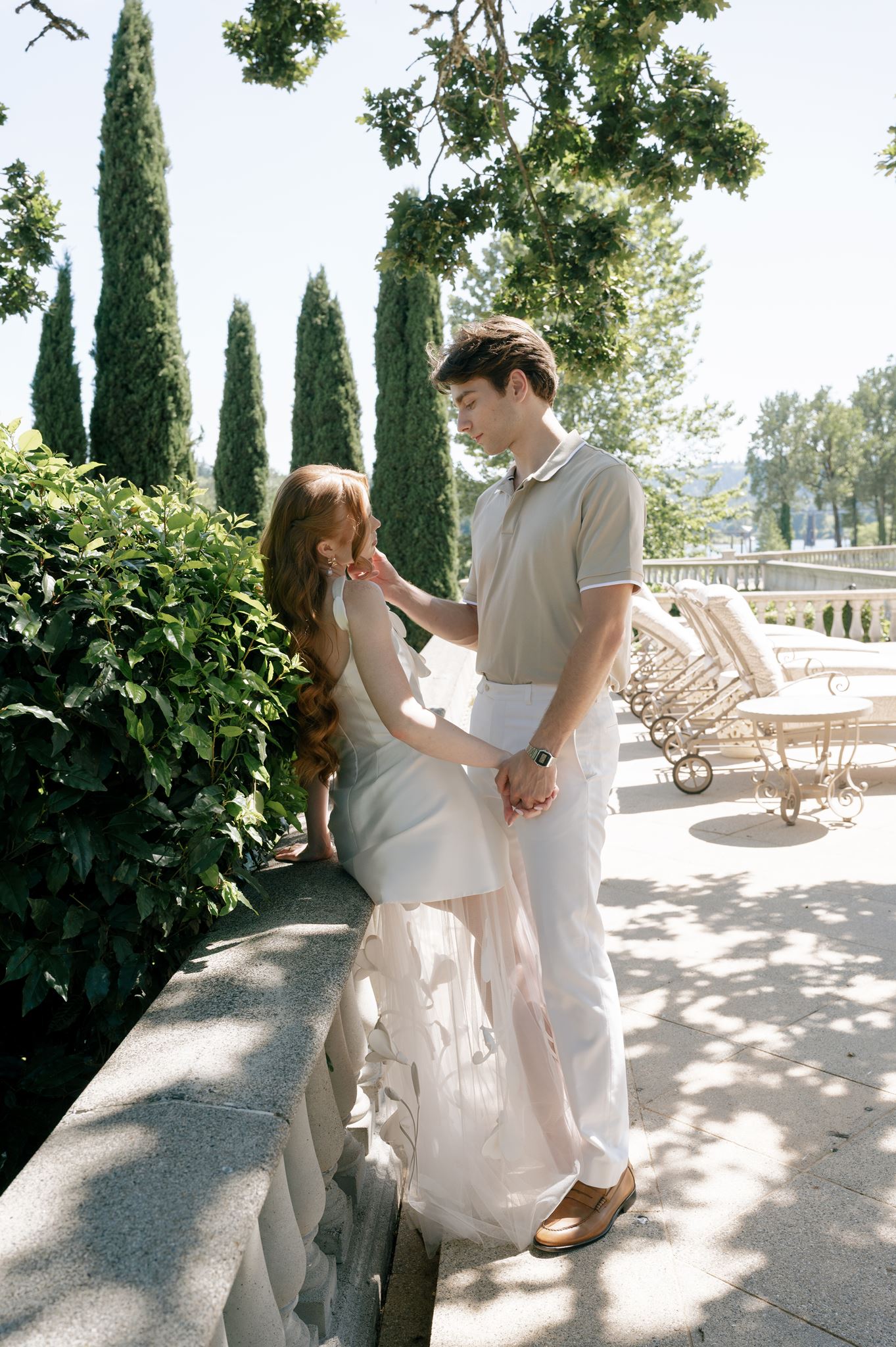 Couples wedding portrait overlooking the Willamette River