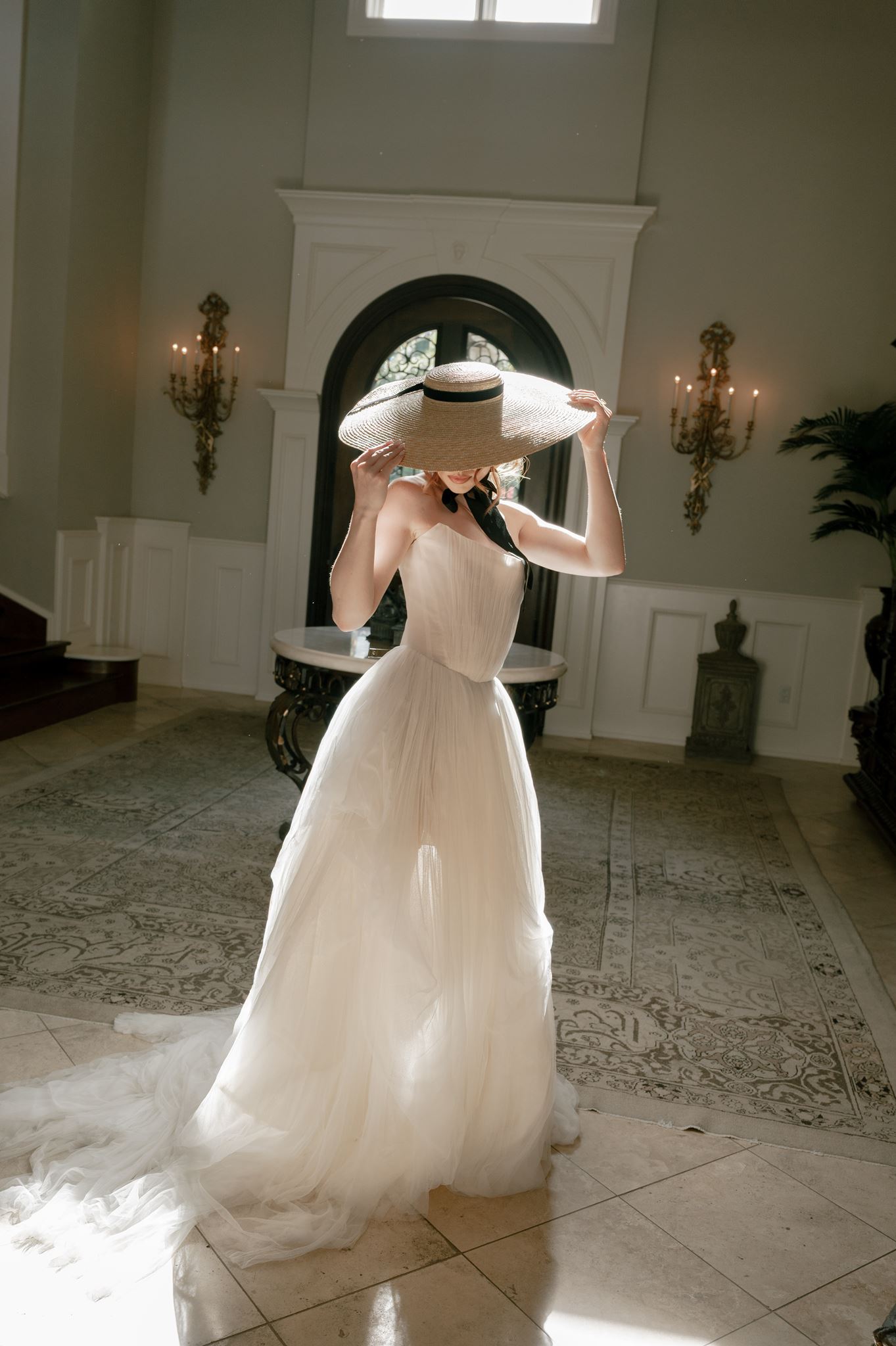 Wedding bridal portrait with wide-brimmed hat