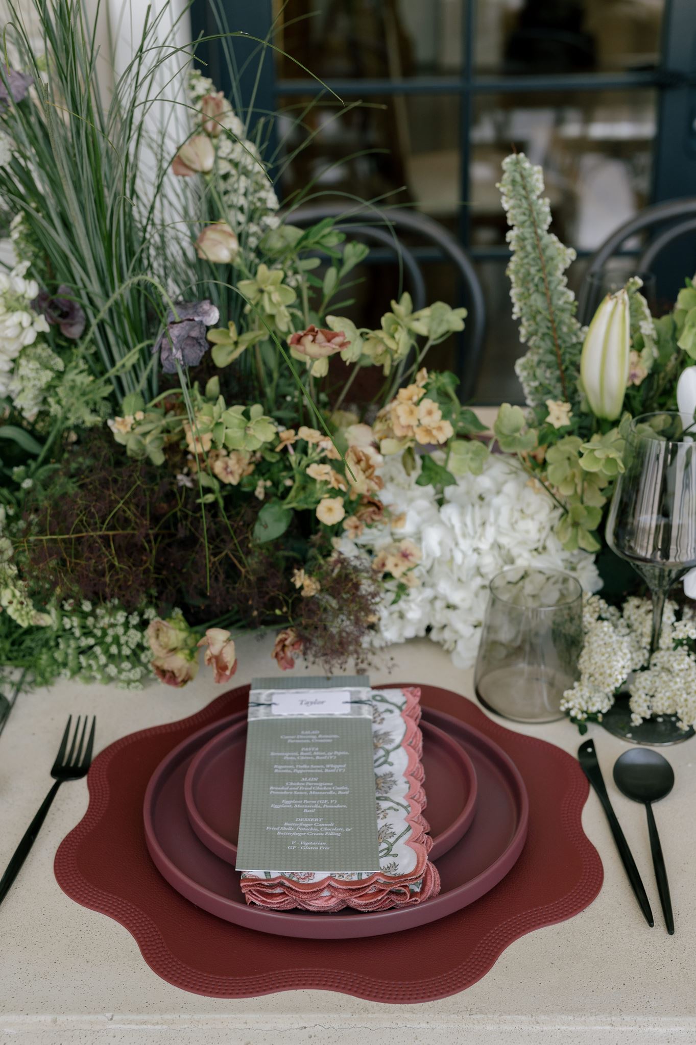 Elegant wedding tablescape with lush florals