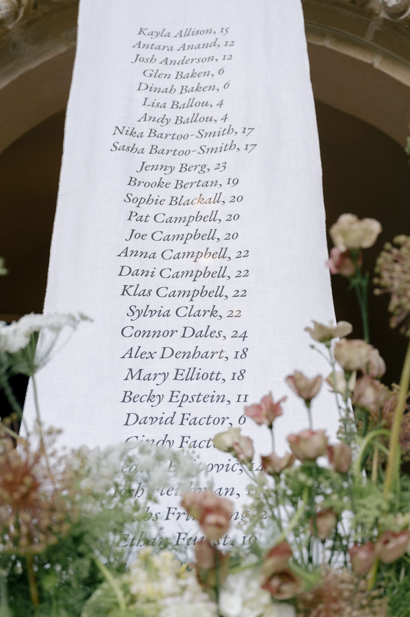 Grand linen seating chart and florals at a private estate wedding venue