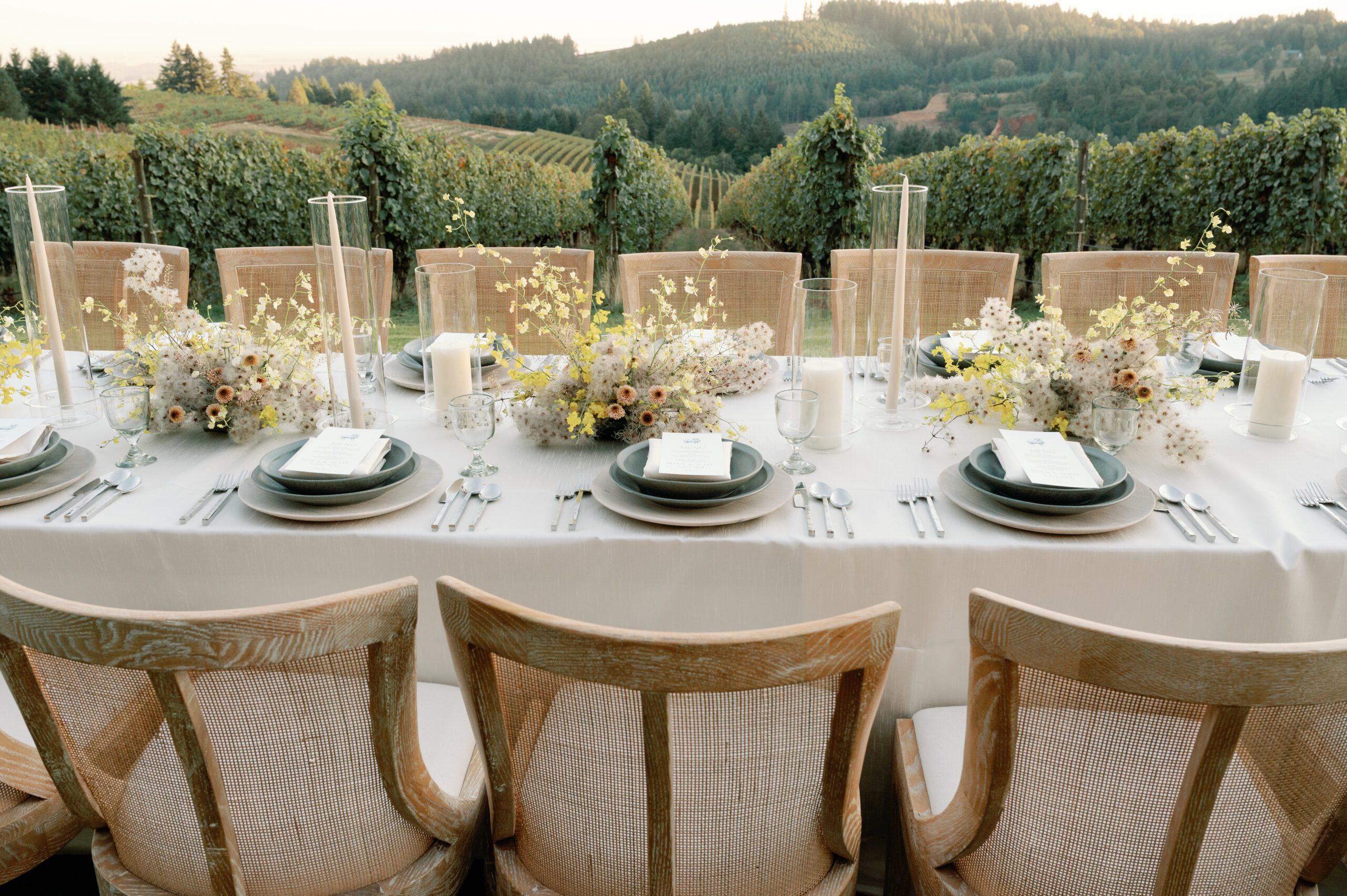 Wedding reception tablescape at LucidWild Estate vineyard
