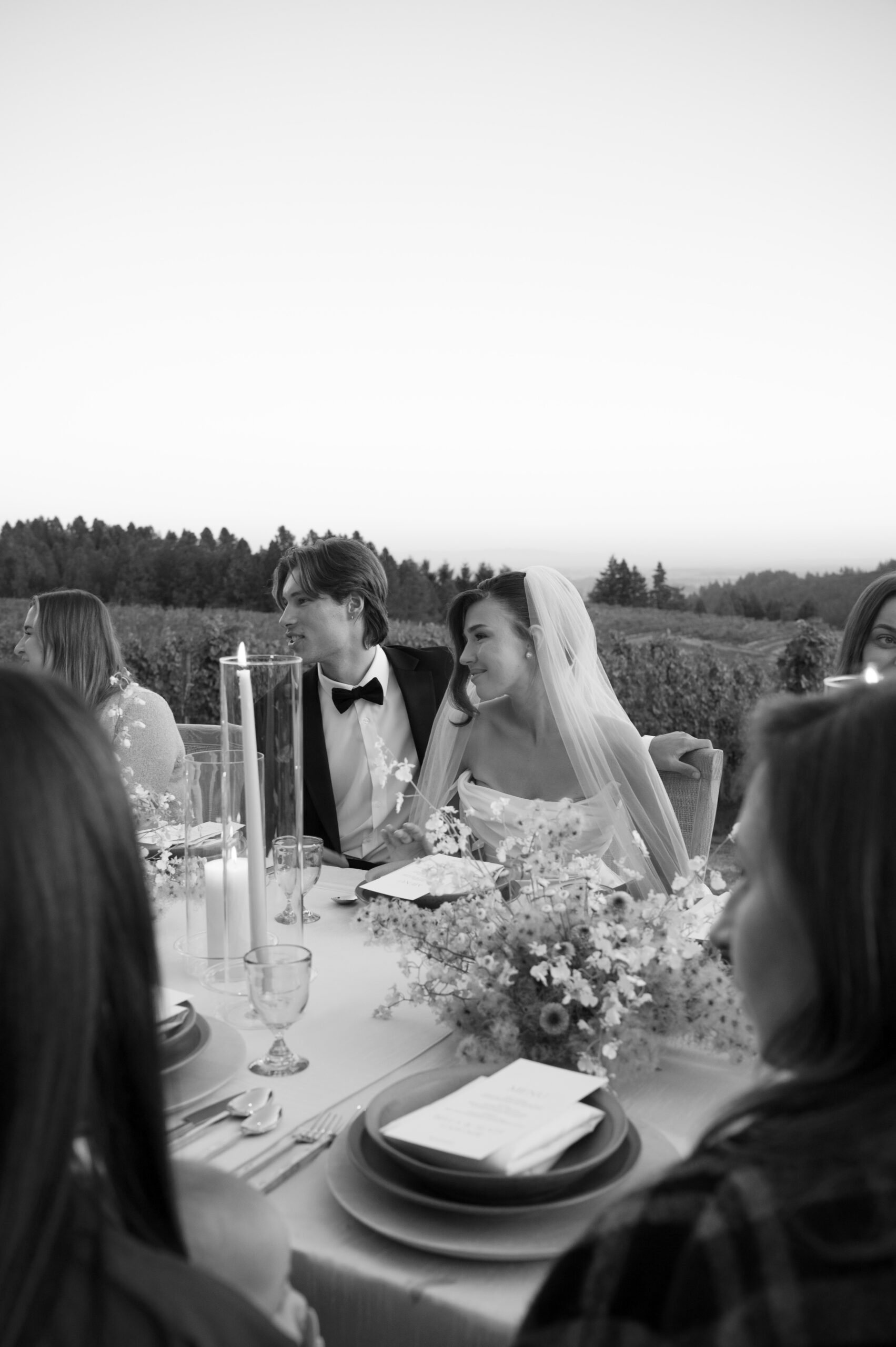 Wedding reception dinner at an Oregon vineyard wedding venue